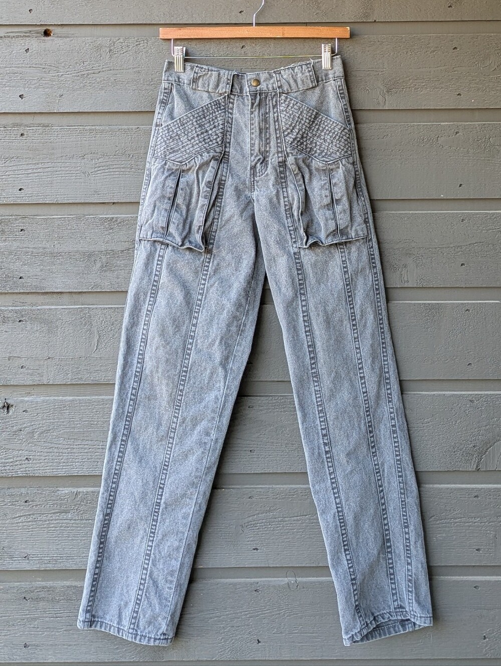VTG 80s Cotler Patch Pocket Gray Straight Leg Denim Pants Size 27 Military